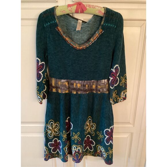 Yahada Hippie Flower Power Lined Sweater Dress Sz M Stretch - Picture 1 of 9